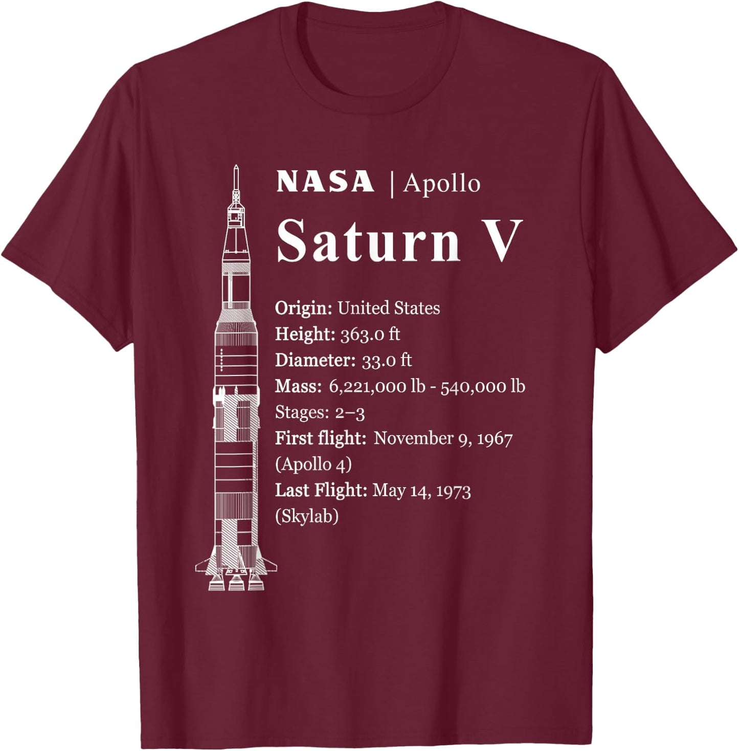 Saturn V Blueprint Style - NASA History - Apollo Program T-Shirt - T-Shirt | Maroon
