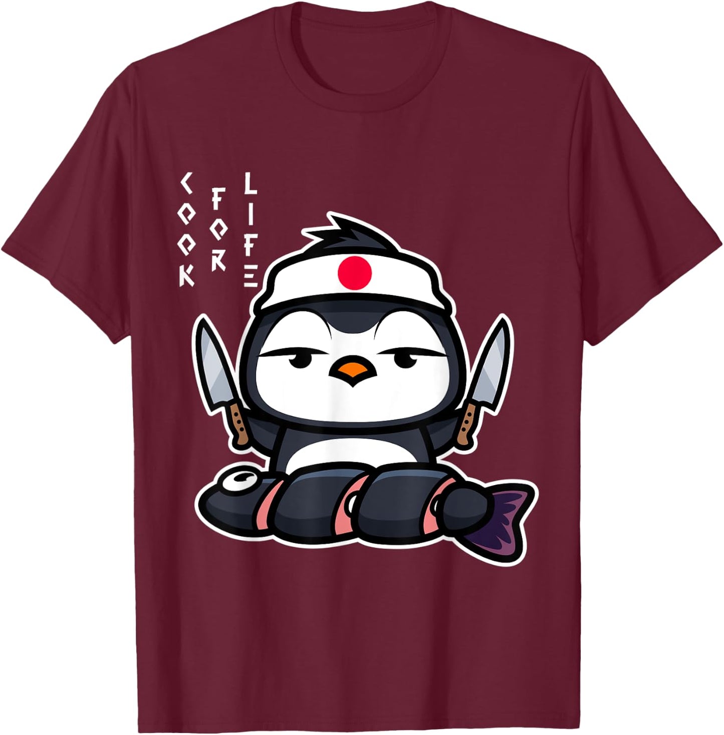 Japanese Penguin Cook Asian Food Funny T-Shirt - T-Shirt | Maroon