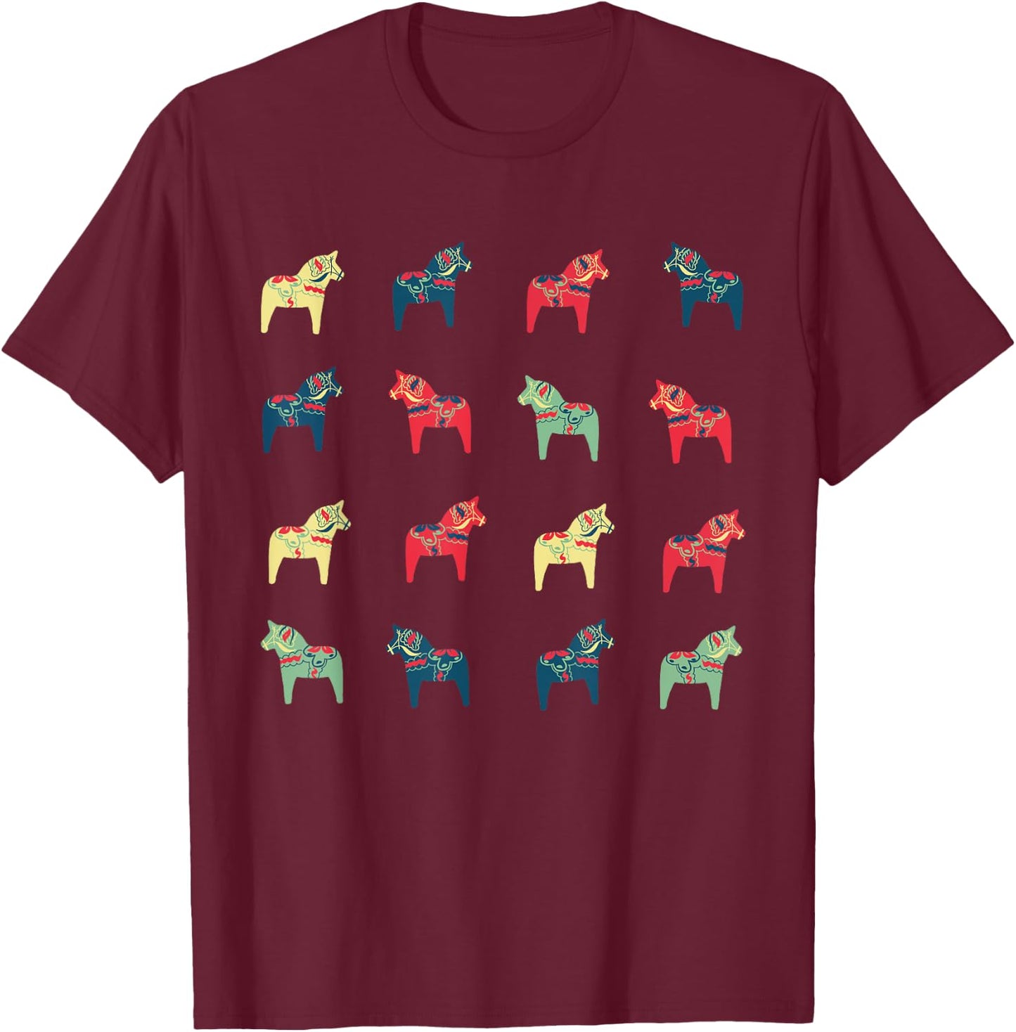 Swedish Dala Horses Dalecarlian Adults Black Small Modern Cartoon Embroidery Short Sleeve T-Shirt - T-Shirt | Maroon