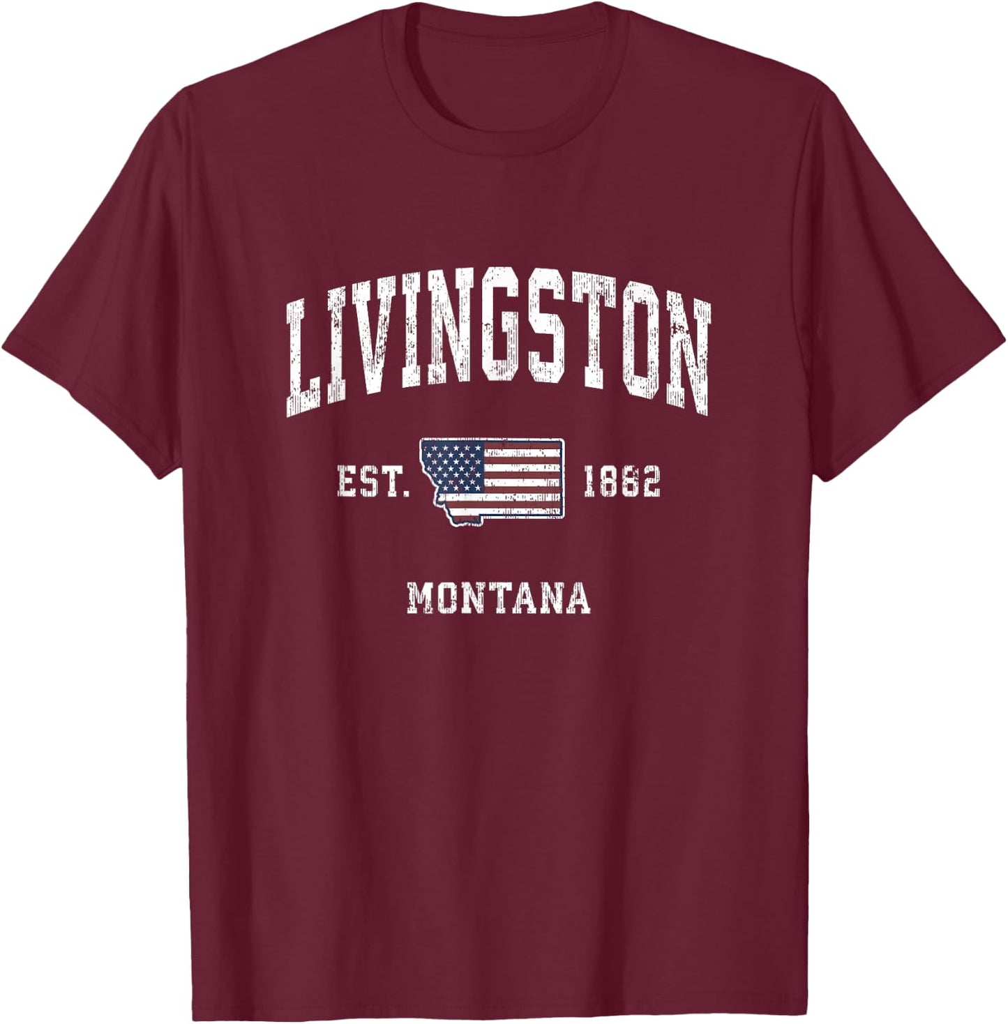 Livingston Montana MT Vintage American Flag Sports Design Kids Men T-Shirt - T-Shirt | Maroon