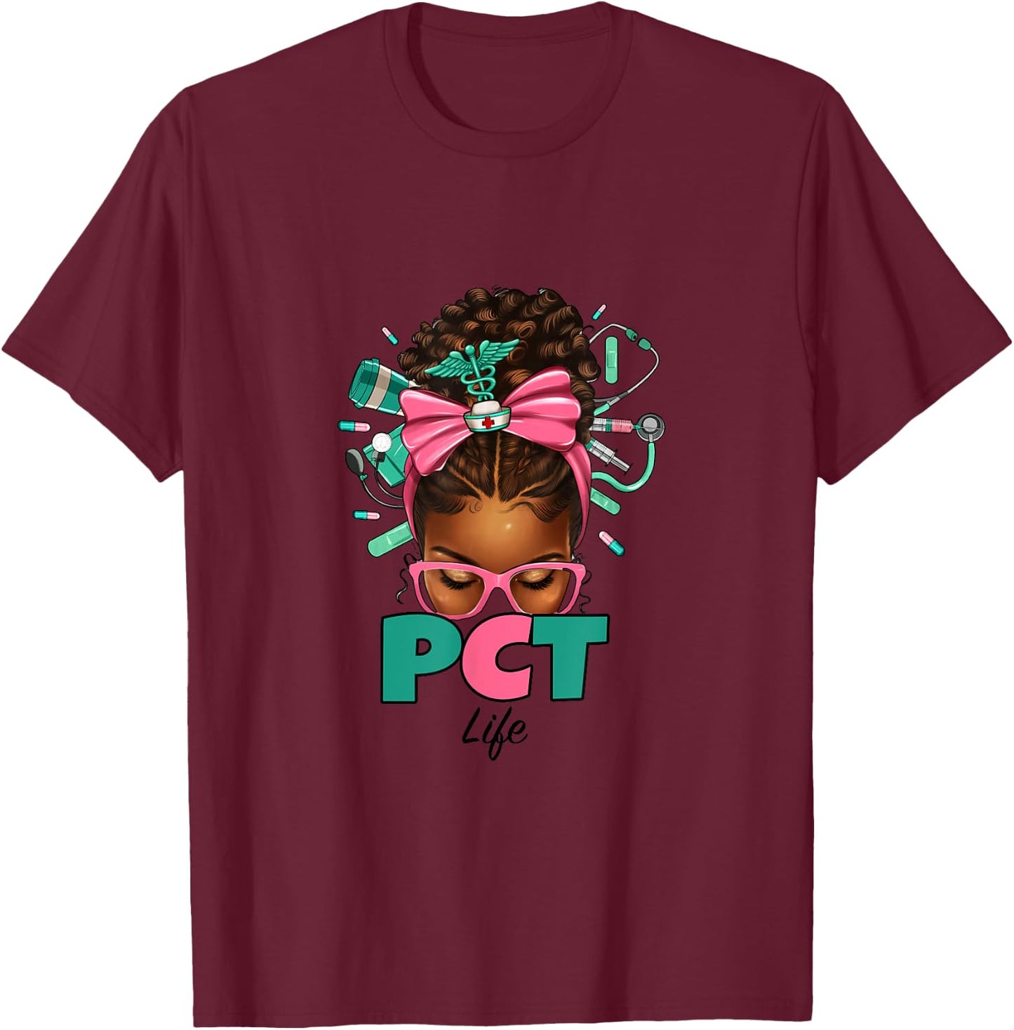 PCT Patient Care Technician Messy Bun African American Women T-Shirt - T-Shirt | Maroon