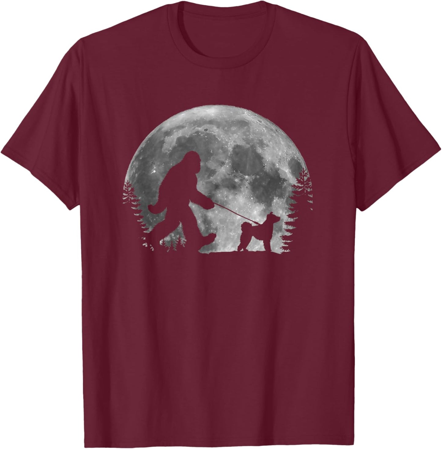 Bigfoot Walking a Dog Funny Pumi Lovers Moon Halloween T-Shirt - T-Shirt | Maroon