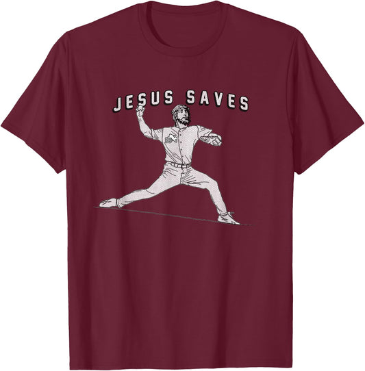 Jesus Saves - Baseball Pitcher - Funny Jesus T-Shirt - T-Shirt | Maroon