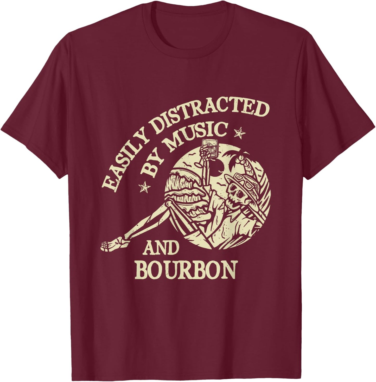 Easily Distracted By Music And Bourbon Skeleton T-Shirt - T-Shirt | Maroon