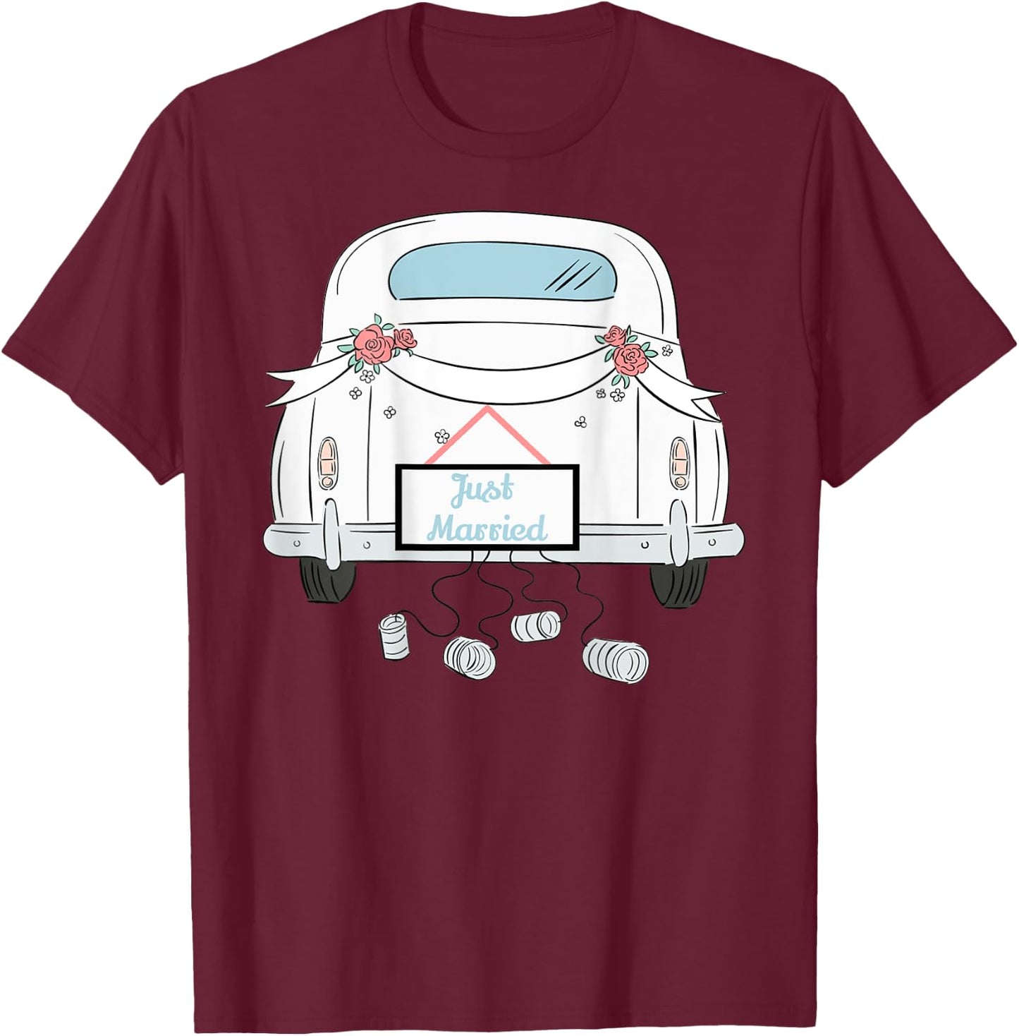 Just Married Honeymoon Car With Cans Design on Back T-Shirt - T-Shirt | Maroon