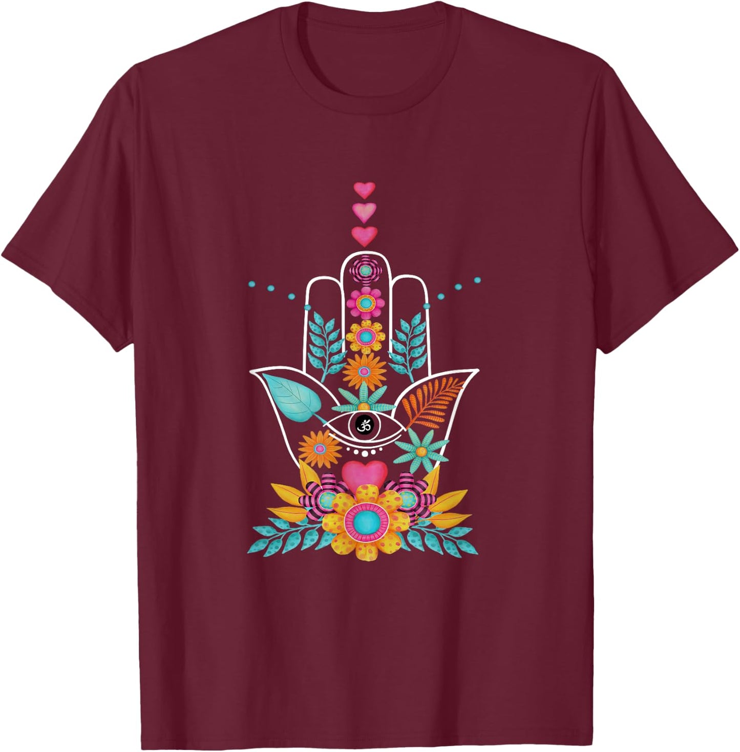 Hamsa Evil Eye Hand Of Fatima Flowers Protection Symbol Gift T-Shirt - T-Shirt | Maroon