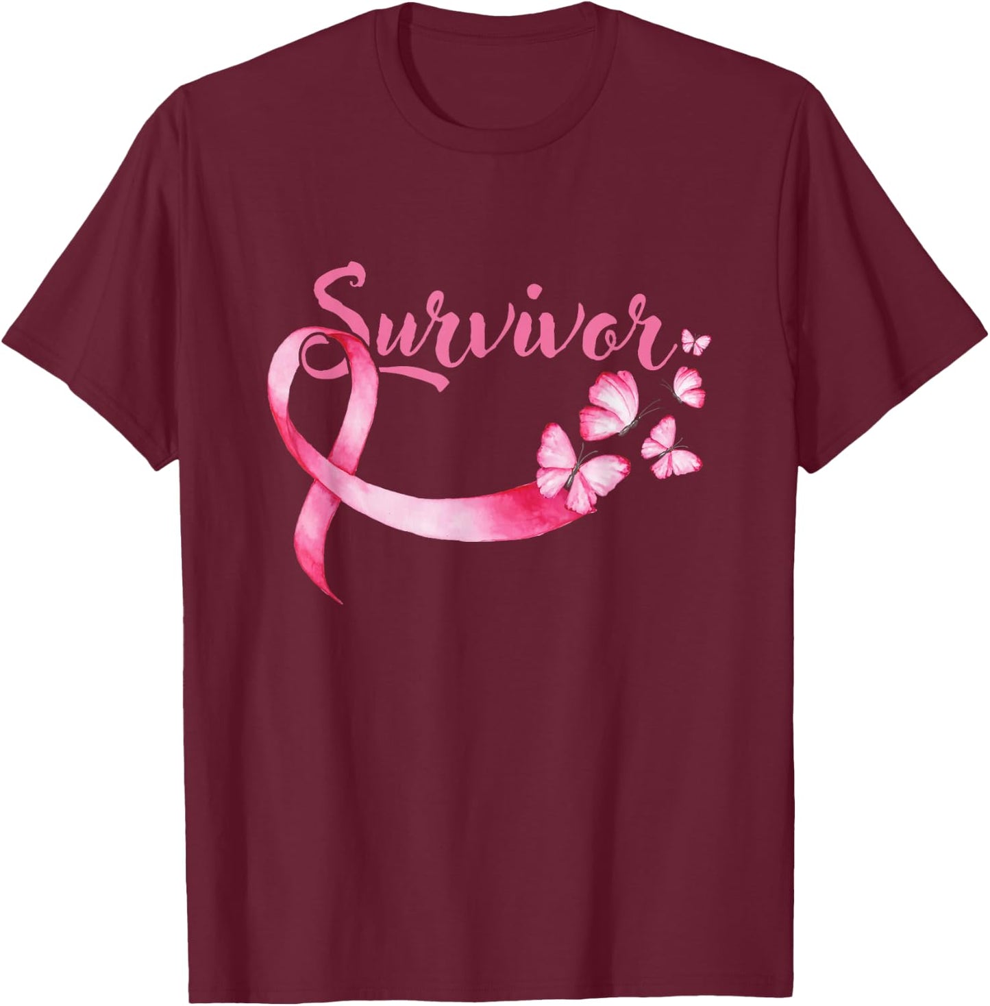 Breast Cancer Awareness Pink Butterflies Band Survivors T-Shirt - T-Shirt | Maroon