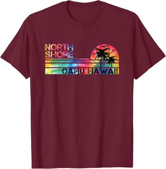North Shore Oahu Hawaii Tie Dye Vintage Inspired Striped T-Shirt - T-Shirt | Maroon