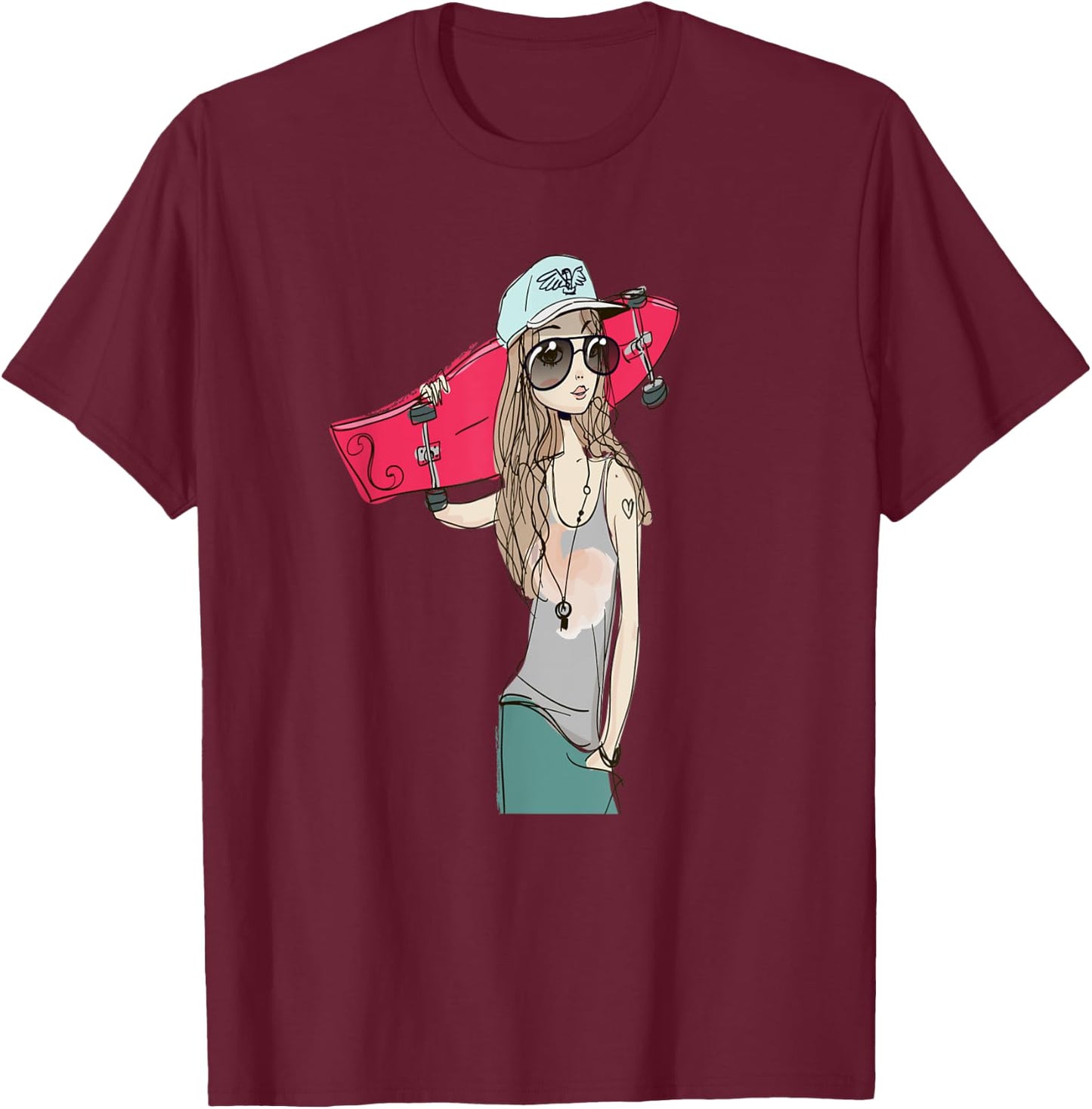 Skaters Having Fun Pro Longboard Skateboard Skater Girl T-Shirt - T-Shirt | Maroon