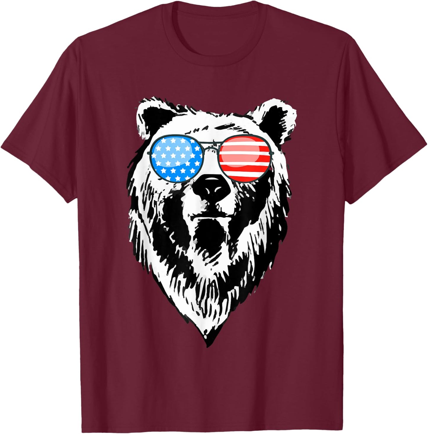 Funny Bear American USA Flag Sunglasses Camping Hunting Gift T-Shirt - T-Shirt | Maroon