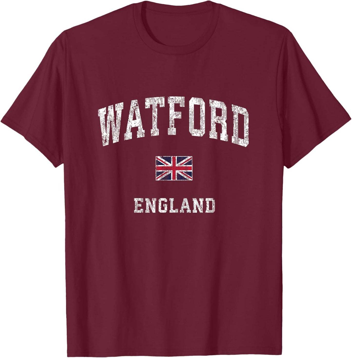 Watford England Vintage Athletic Sports Design T-Shirt - T-Shirt | Maroon