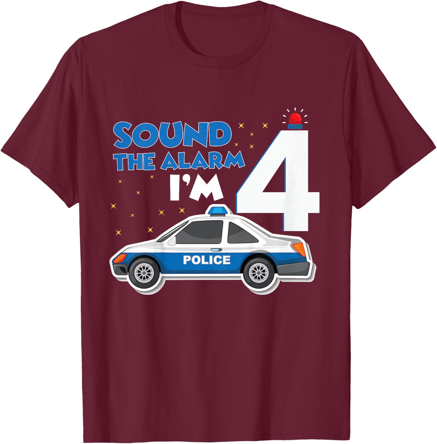 Kids Police Car 4th Birthday Boy 4 Cop Policeman Officer Four T-Shirt - T-Shirt | Maroon