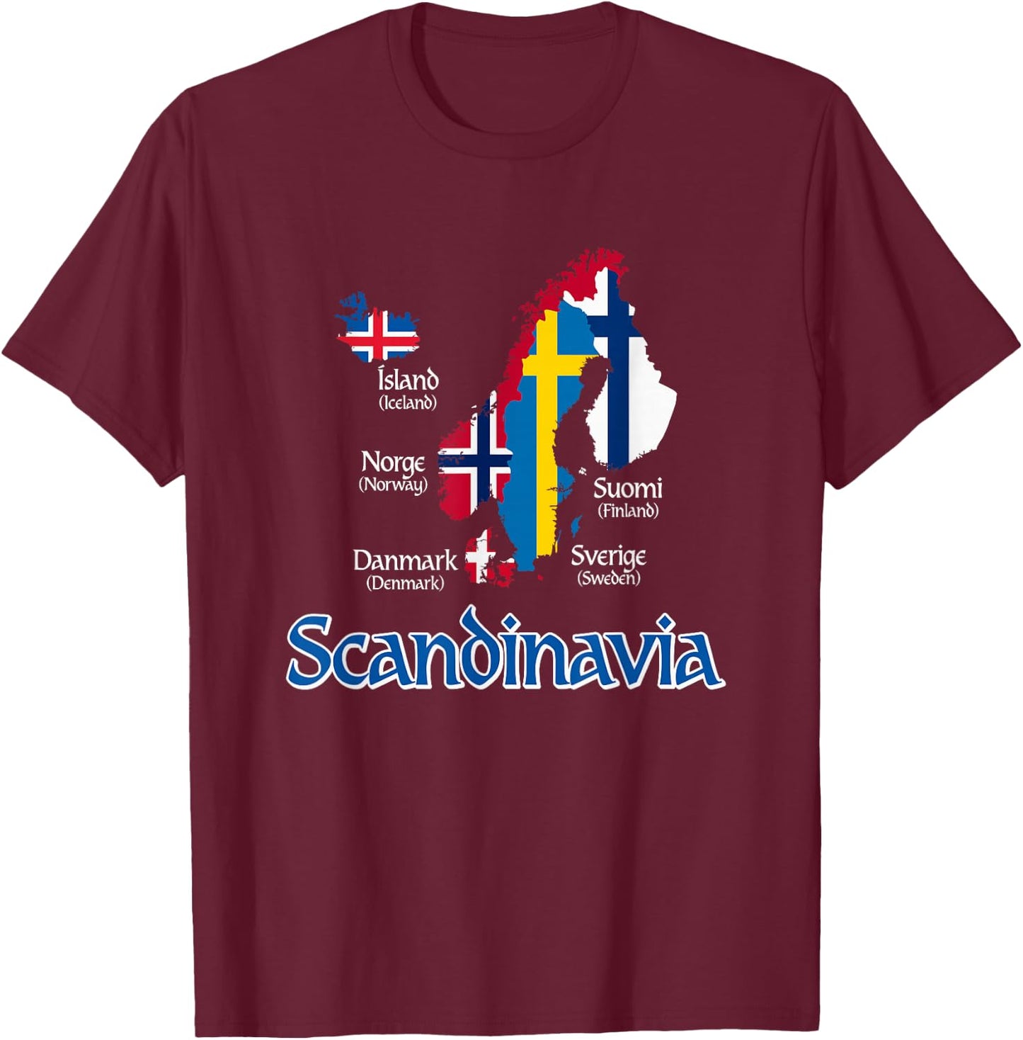 Scandinavia Flags Map T-Shirt - T-Shirt | Maroon