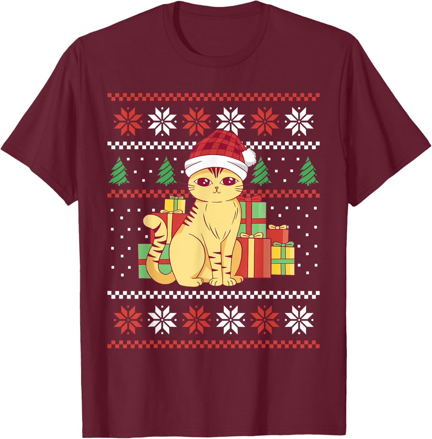 Funny Ugly Christmas Sweater Cat Design Xmas Men Women Kids T-Shirt - T-Shirt | Maroon