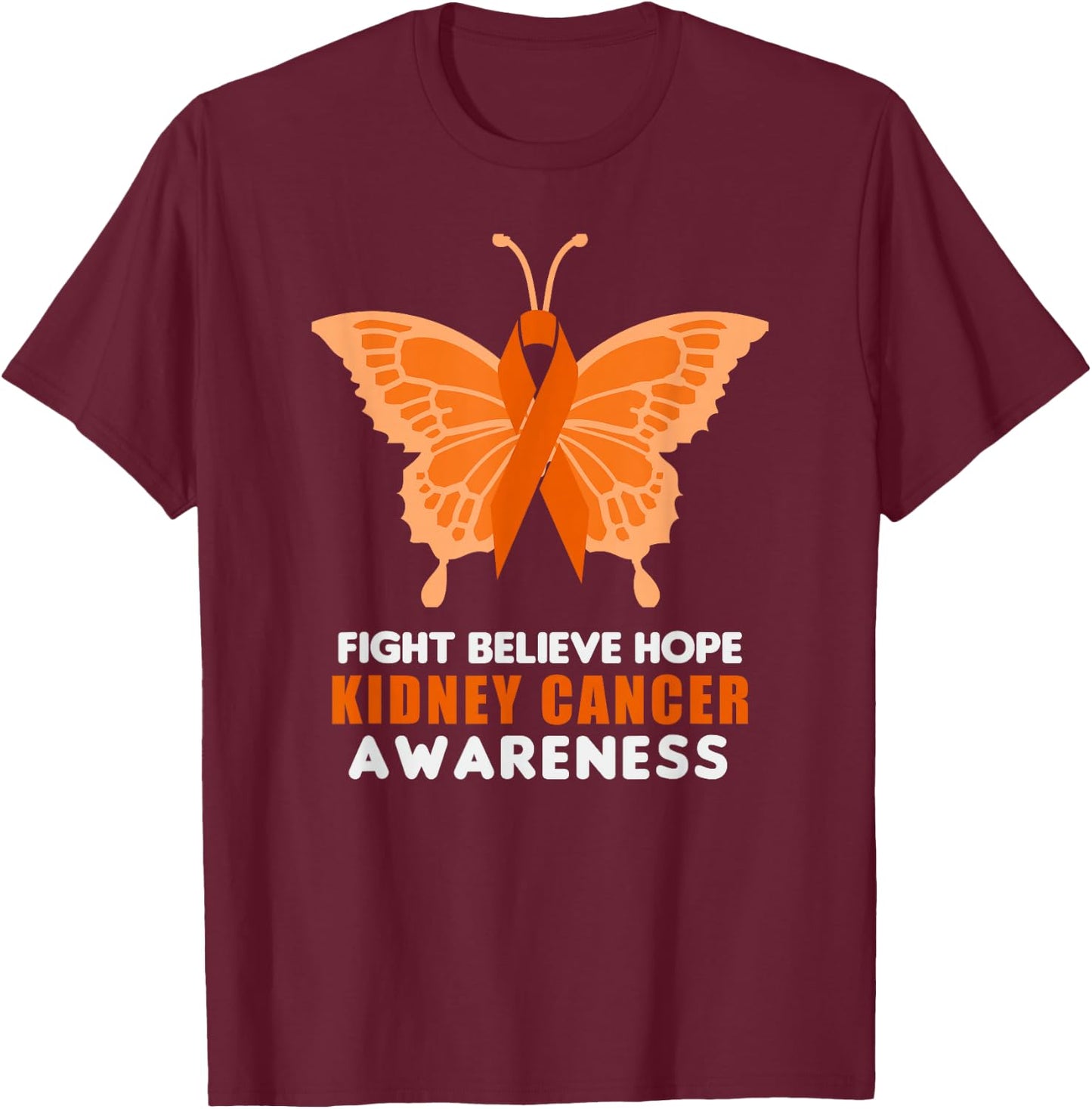 Kidney Cancer Awareness Month Orange Ribbon Butterfly T-Shirt - T-Shirt | Maroon