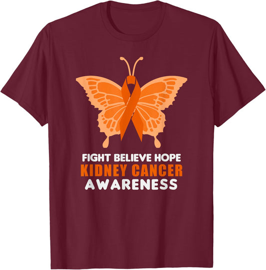 Kidney Cancer Awareness Month Orange Ribbon Butterfly T-Shirt - T-Shirt | Maroon