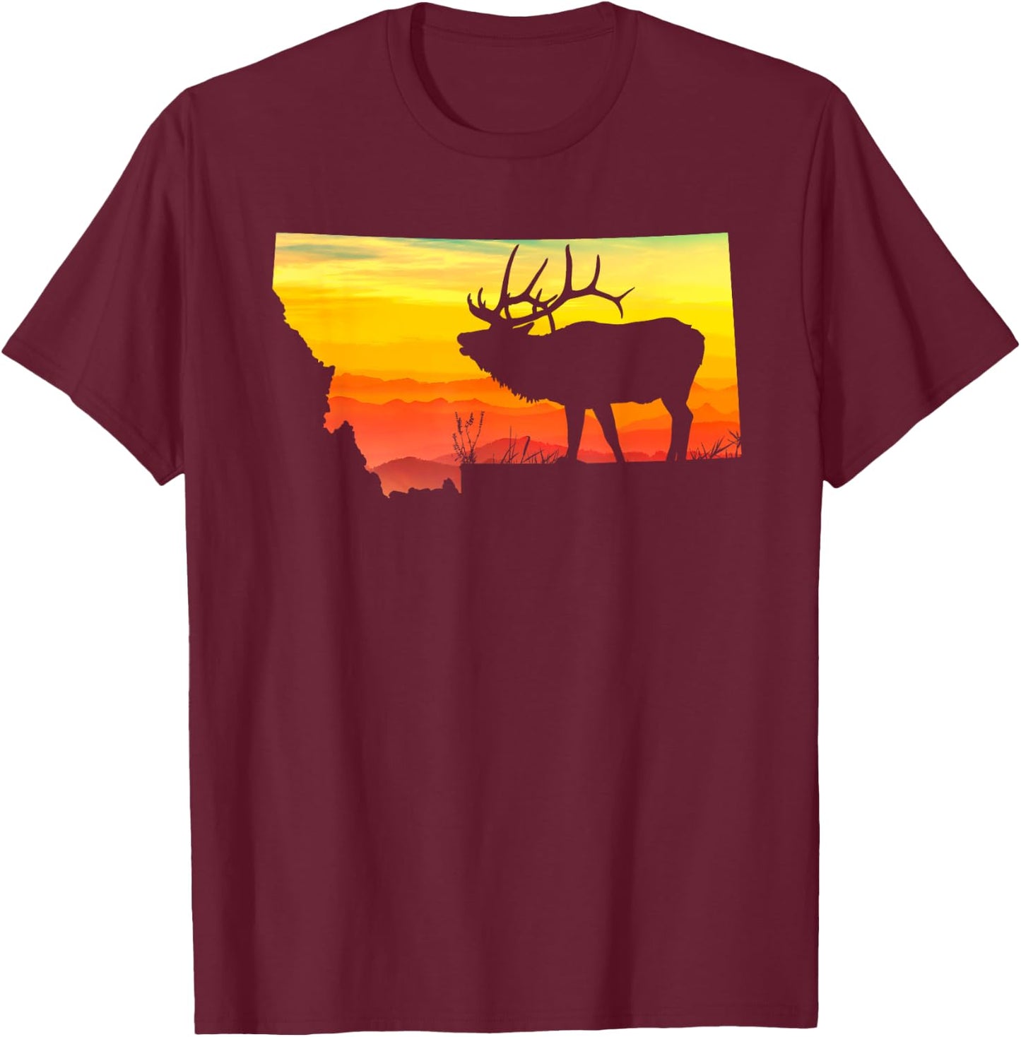 Montana Elk Hunter Dad Vintage Retro Sun Bow Hunting Gift II T-Shirt - T-Shirt | Maroon