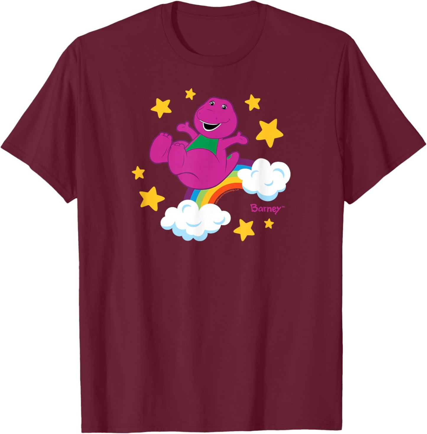 Barney - Sky Stars with Rainbow and Clouds, Purple Dino T-Shirt - T-Shirt | Maroon