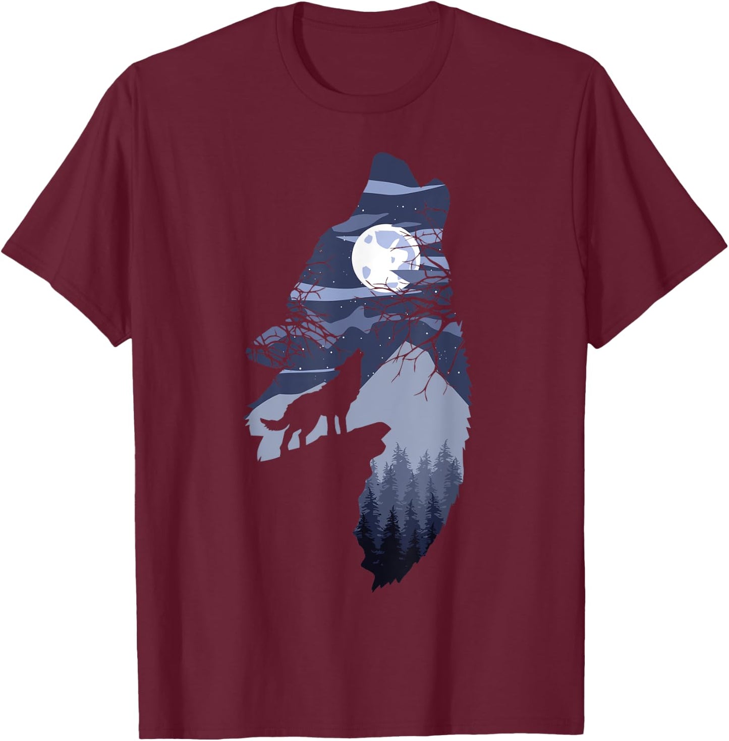 Forest with Full-Moon and Cliff Of Silhouette Howling Wolf T-Shirt - T-Shirt | Maroon