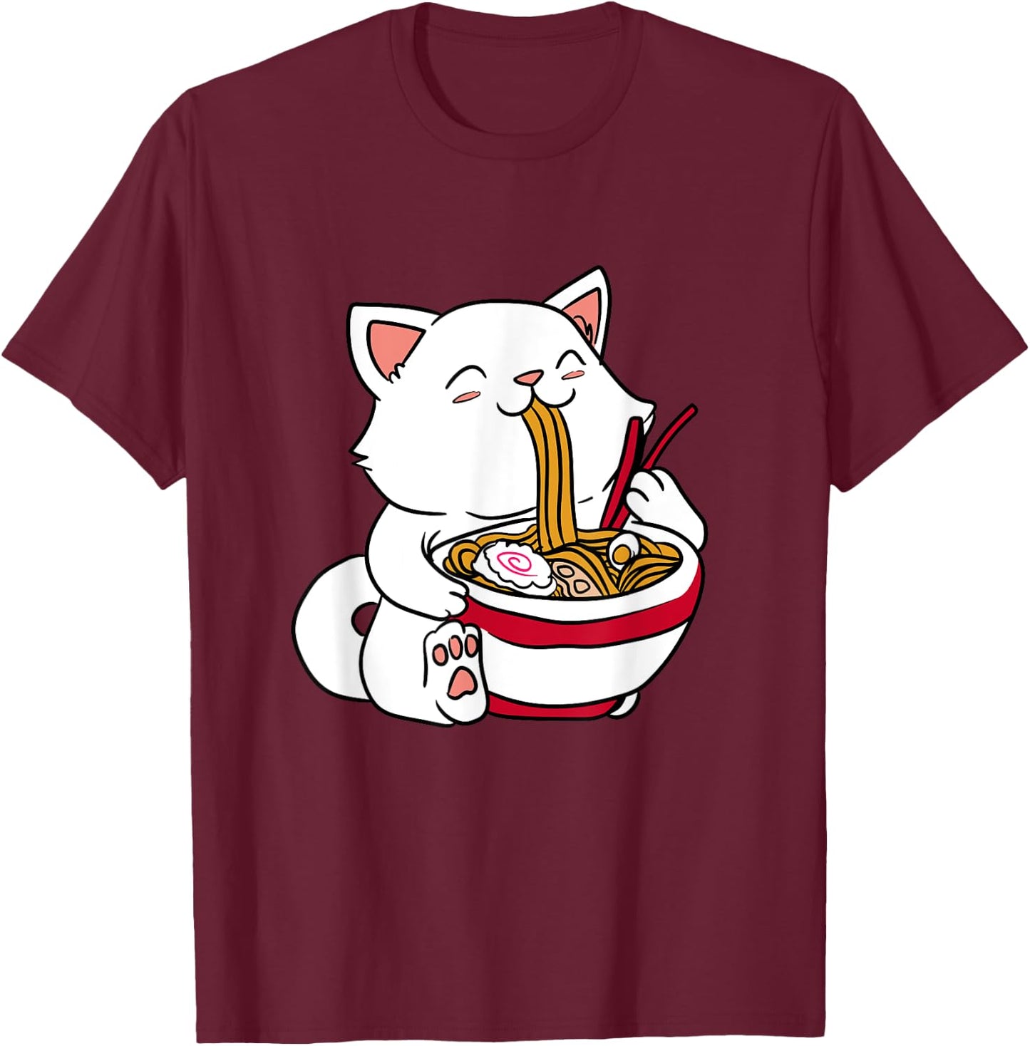 Brand Kawaii Cat Eating Ramen Noodles Japanese Food Anime T-Shirt - T-Shirt | Maroon
