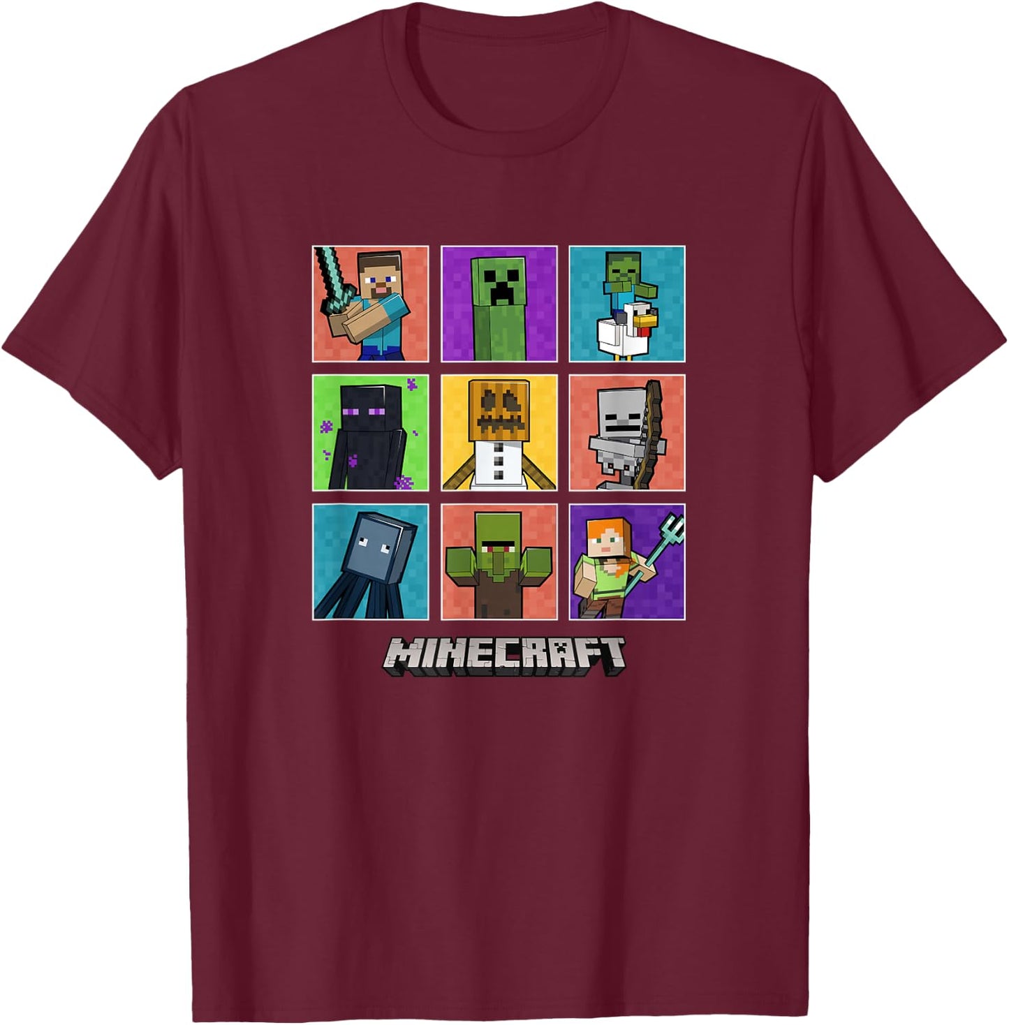 Minecraft Group Shot Colored Box Up T-Shirt - T-Shirt | Maroon