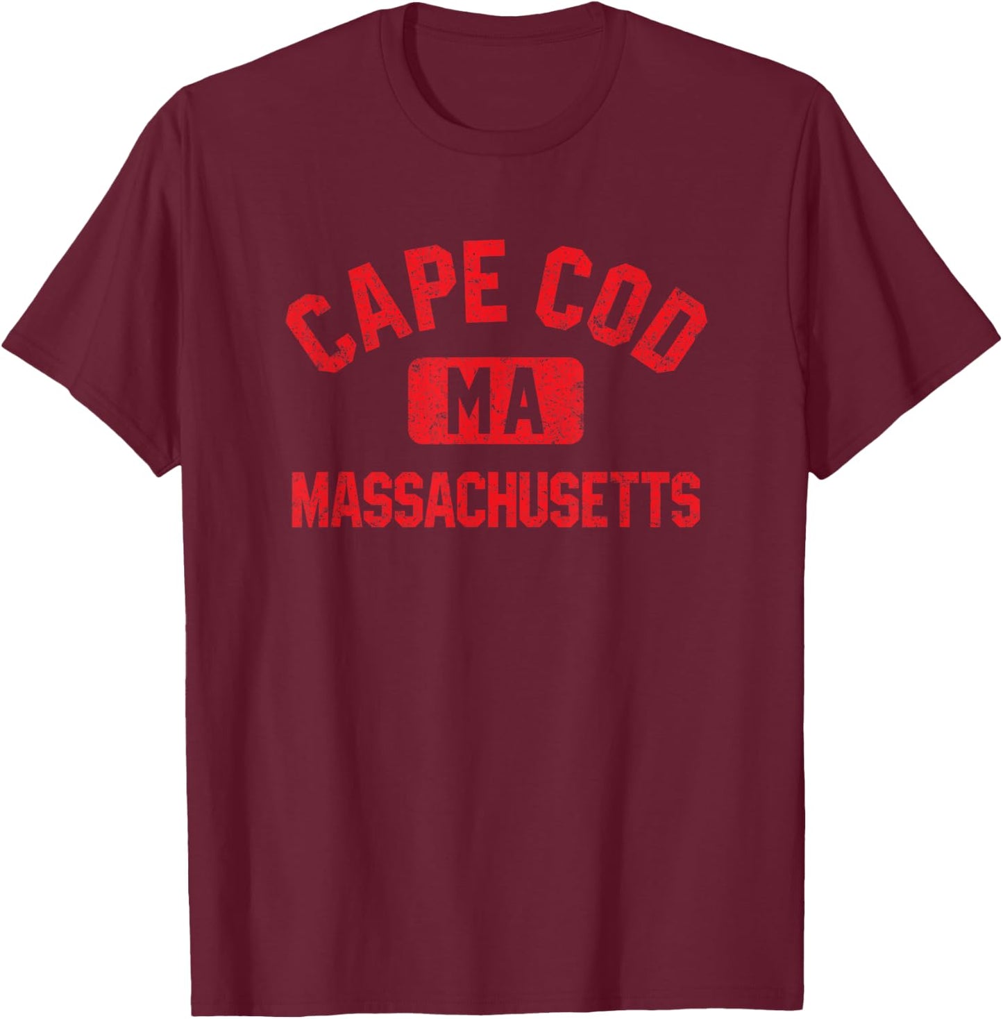Cape Cod Massachusetts Gym Style Distressed Red Print T-Shirt - T-Shirt | Maroon