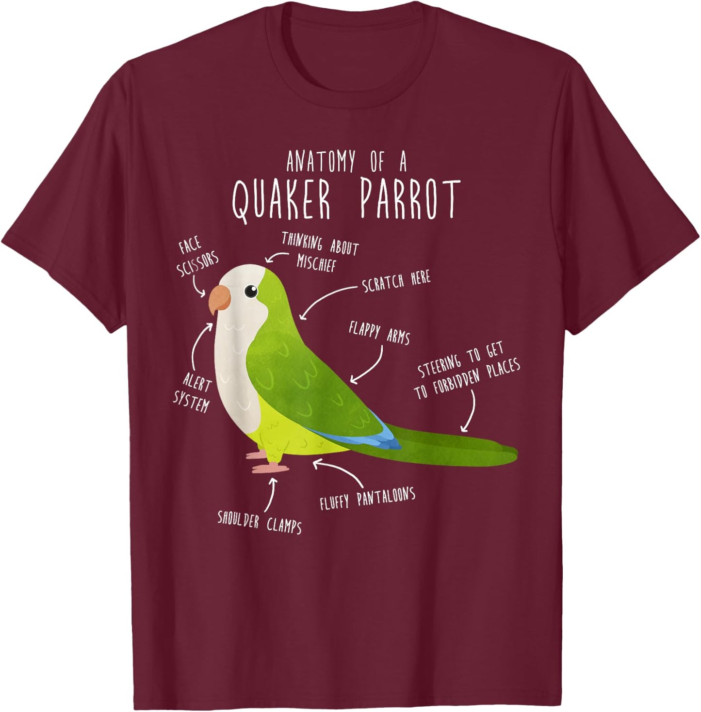 Green Quaker Parrot Anatomy, Cute Funny Pet Monk Bird Lover T-Shirt - T-Shirt | Maroon