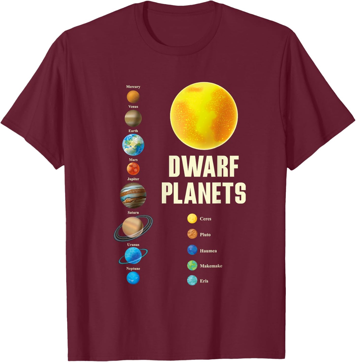 Solar-System Kids and Adults Dwarf Planets Graphic T-Shirt - T-Shirt | Maroon
