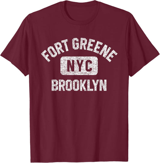 Fort Greene Brooklyn NYC Gym Style Distressed White Print T-Shirt - T-Shirt | Maroon