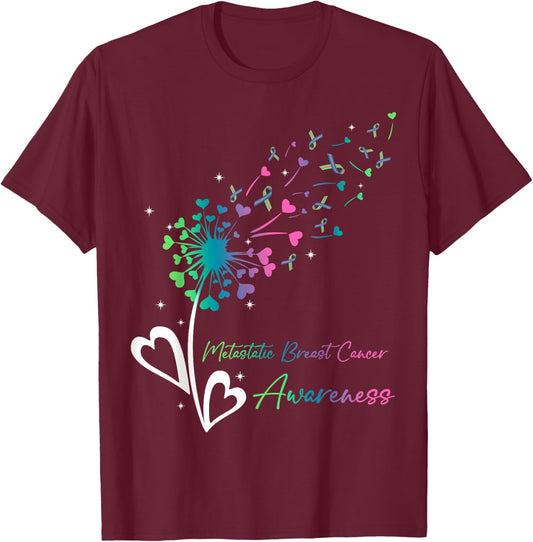Heart Dandelion Flower Green Teal Pink Ribbons MBC Awareness T-Shirt - T-Shirt | Maroon