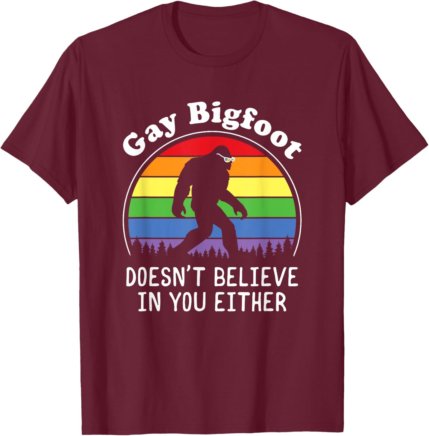 Gay Pride Funny Gay Bigfoot Rainbow Sasquatch Retro Vintage T-Shirt - T-Shirt | Maroon