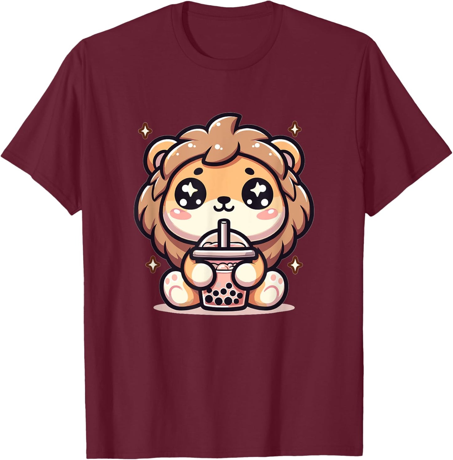 Cute Japanese Kawaii Chibi Lion Drinking Boba Tea T-Shirt - T-Shirt | Maroon