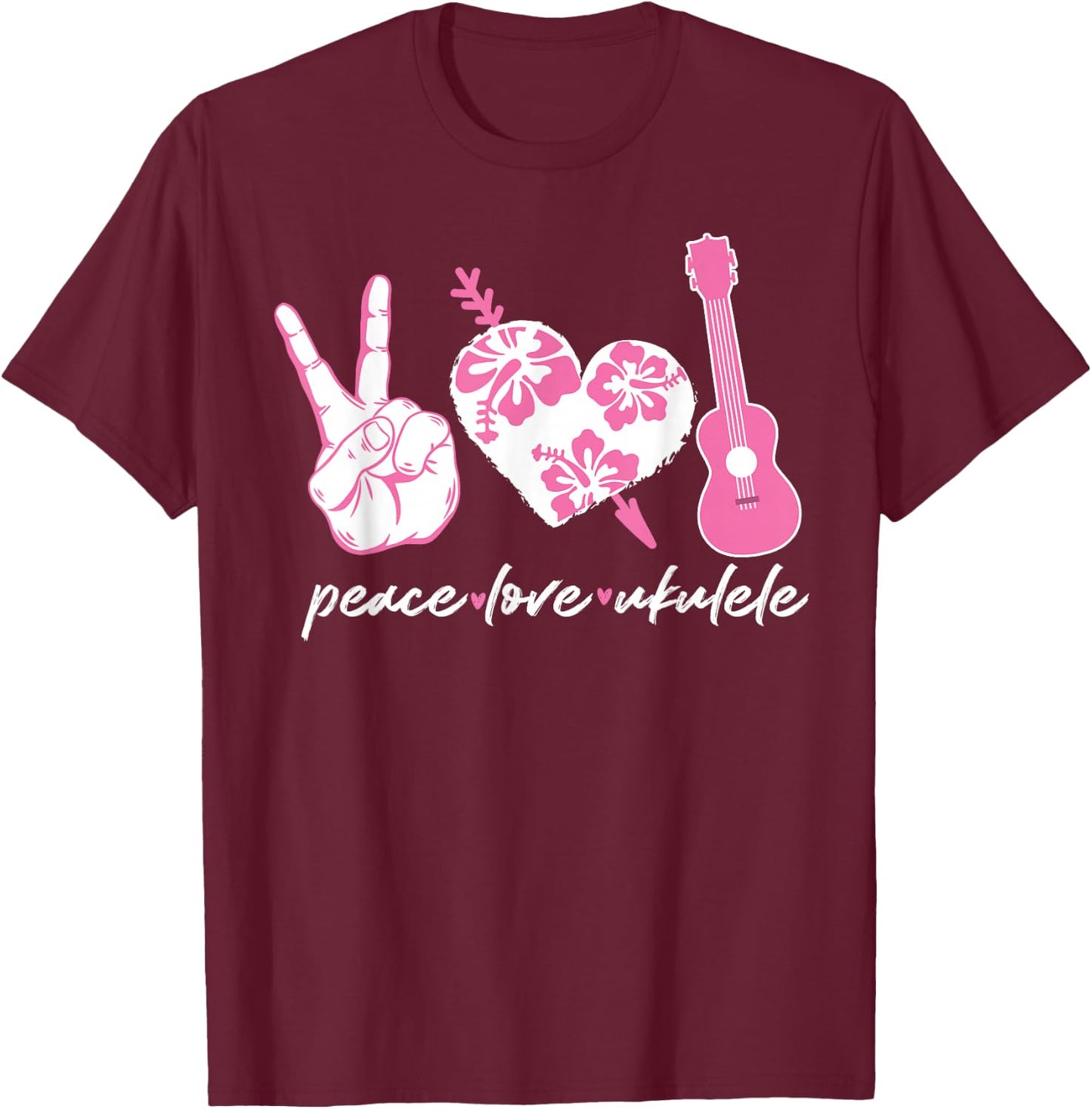 Hawaiian Uke Peace Love Ukulele Flower Heart T-Shirt - T-Shirt | Maroon