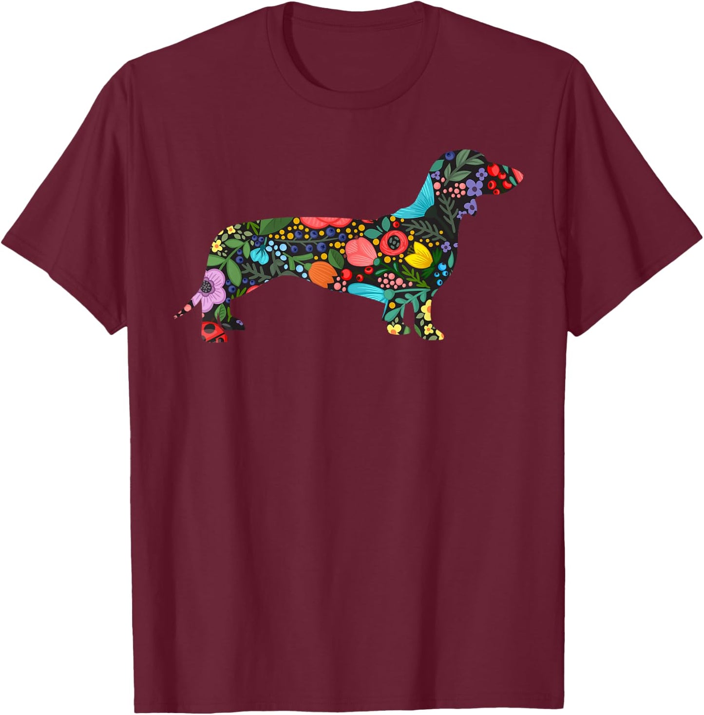 Dachshund Flower Funny Dog Silhouette Tropical Floral Gifts T-Shirt - T-Shirt | Maroon