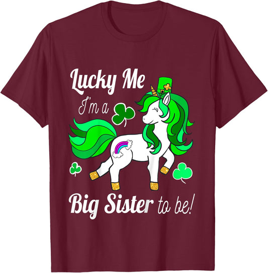 Kids Lucky Me I'm a Big Sister To Be! St Pattys Day Unicorn T-Shirt - T-Shirt | Maroon