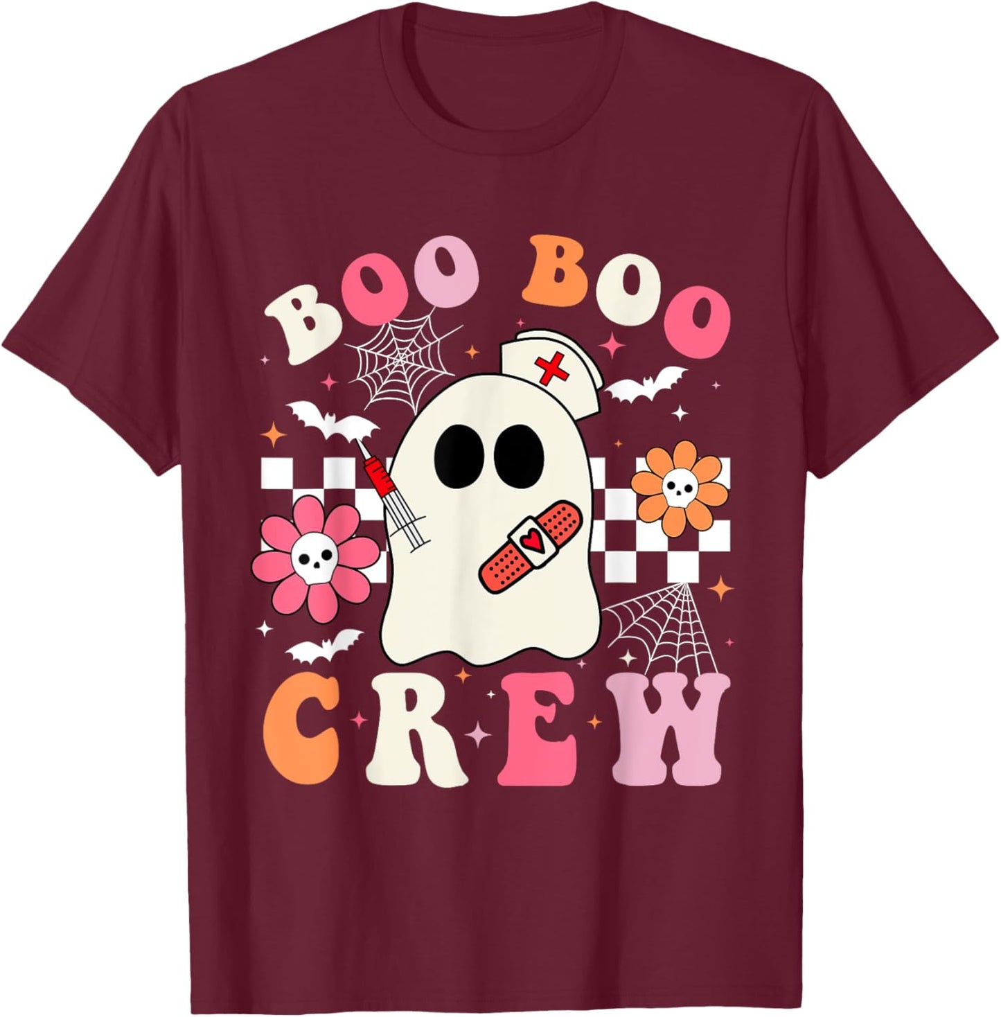 Boo Crew Nurse Halloween Outfits Men Kids Groovy T-Shirt - T-Shirt | Maroon