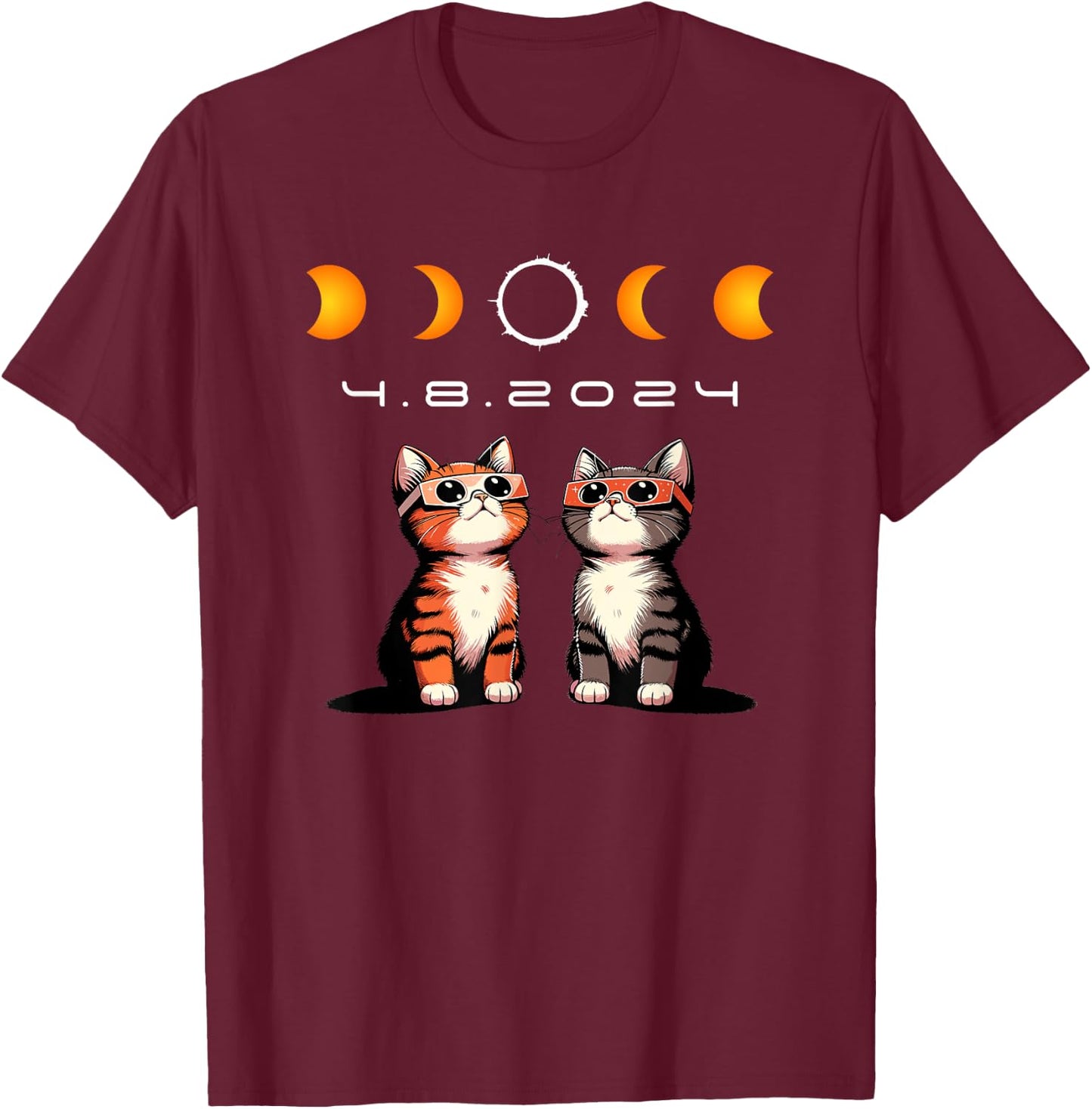 Solar Eclipse Shirt 2024 Cats Wearing Solar Eclipse Glasses T-Shirt - T-Shirt | Maroon