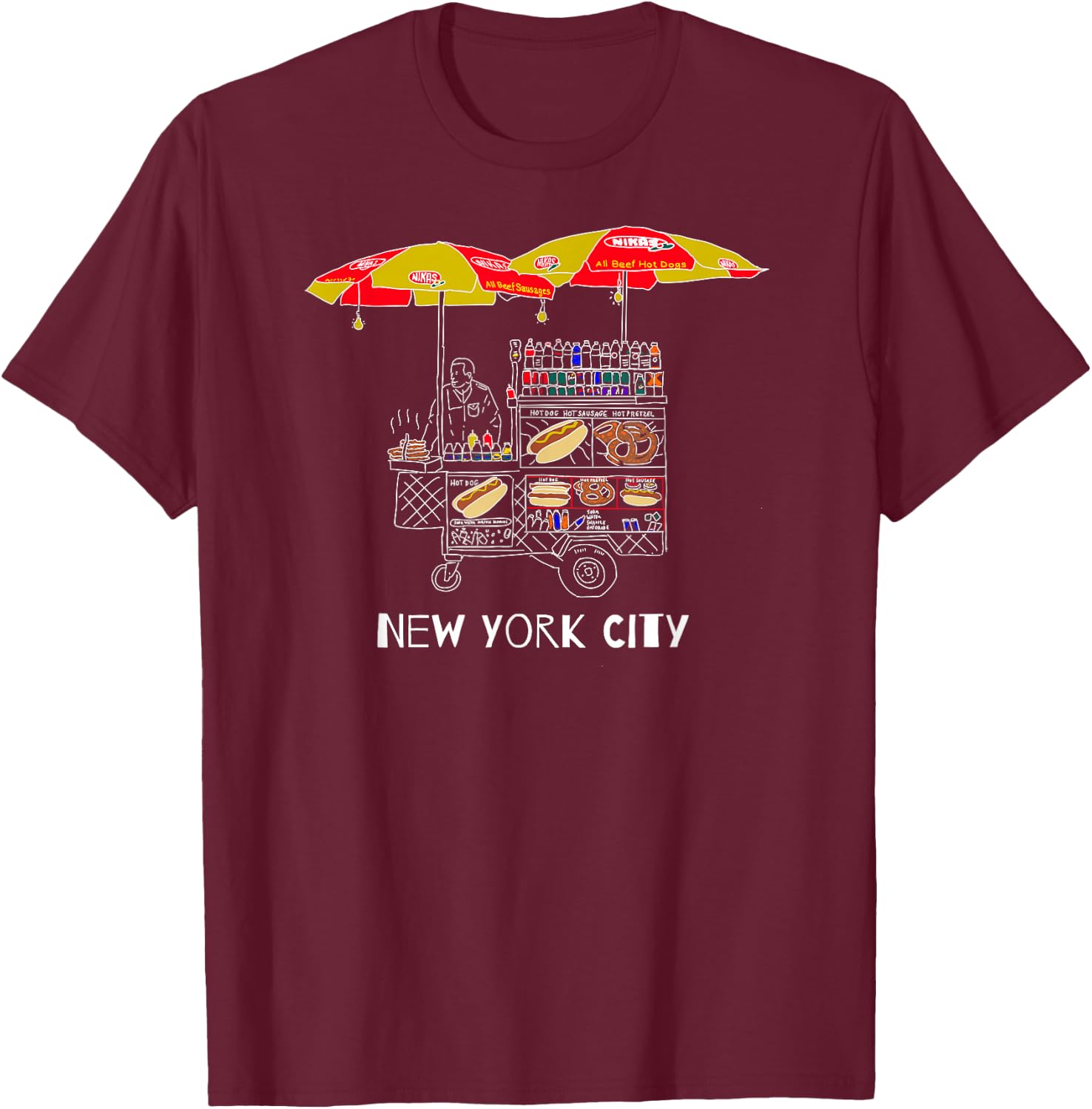 New York City Hot Dog and Pretzel Street Vendor for NYC Fan T-Shirt - T-Shirt | Maroon