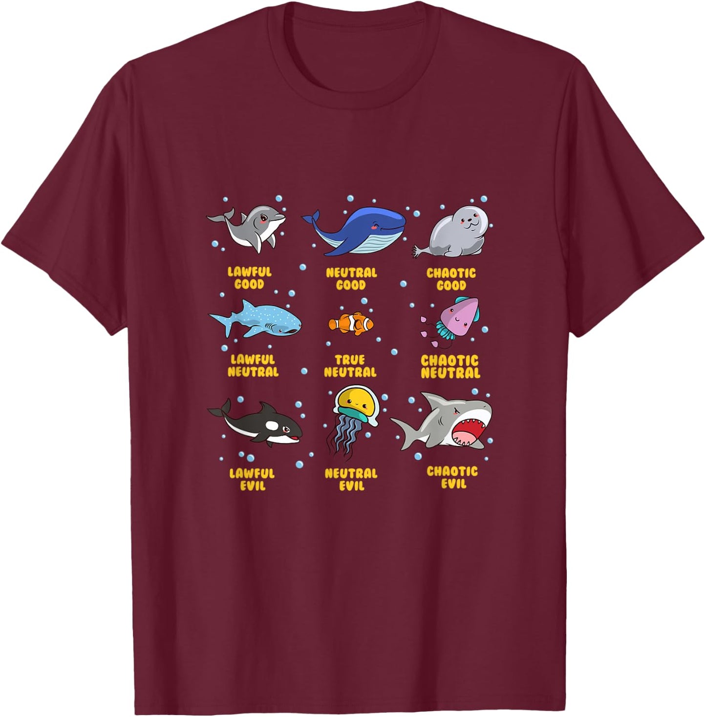 Sea Animal Alignment | Nerdy Marine Biology/Life RPG Gamer T-Shirt - T-Shirt | Maroon