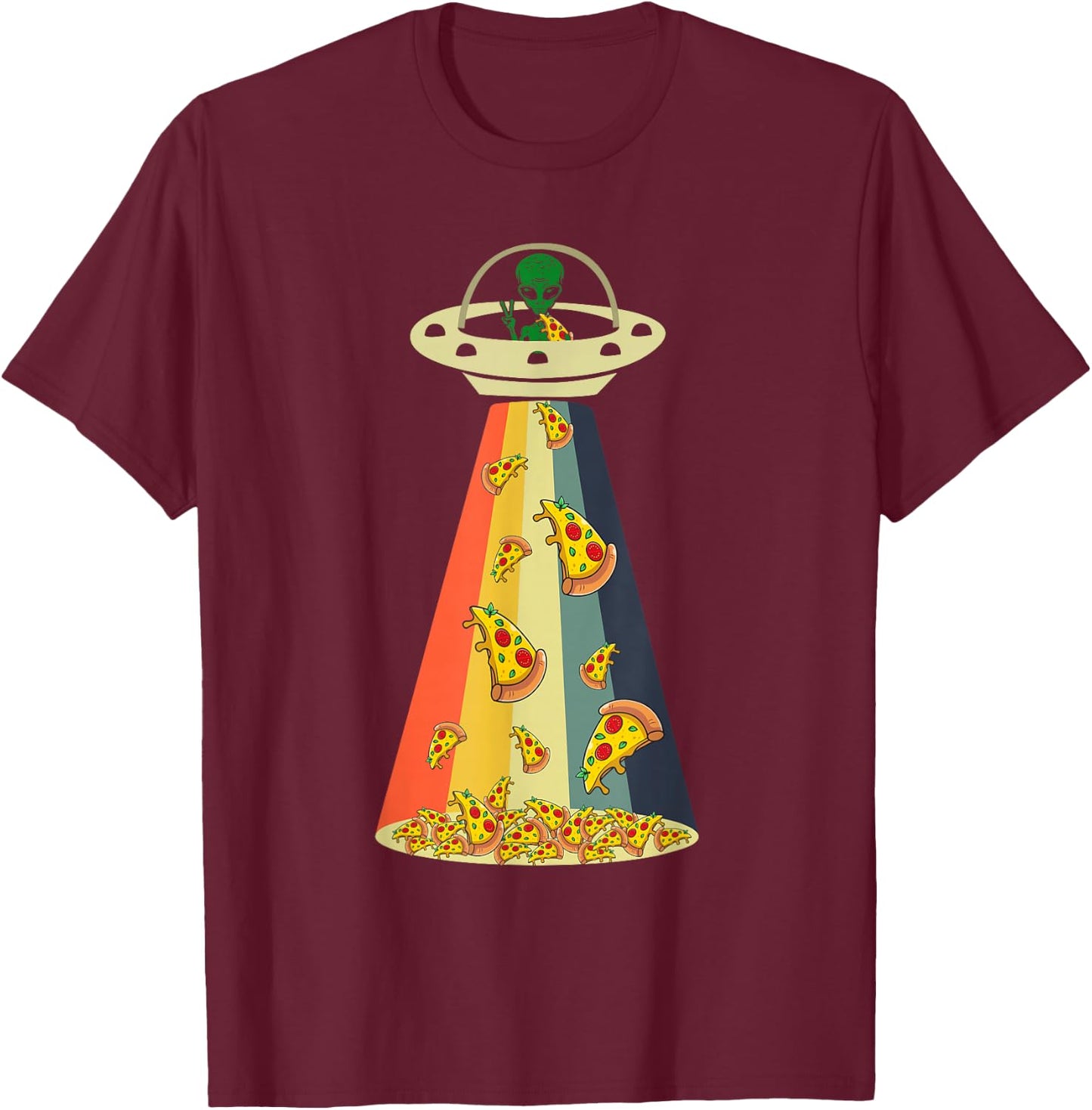 Funny Pizza UFO Alien Eating Pizza a UFO Extraterrestrial T-Shirt - T-Shirt | Maroon