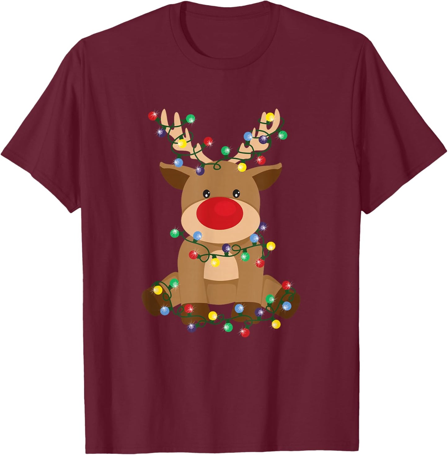 Red-Nosed Reindeer with Christmas Lights – Cute Holiday T-Shirt - T-Shirt | Maroon