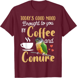 Green Cheek Conure Shirt - Good Coffee and Conure Parrot T-Shirt - T-Shirt | Maroon