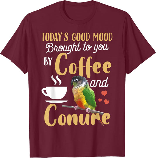 Green Cheek Conure Shirt - Good Coffee and Conure Parrot T-Shirt - T-Shirt | Maroon