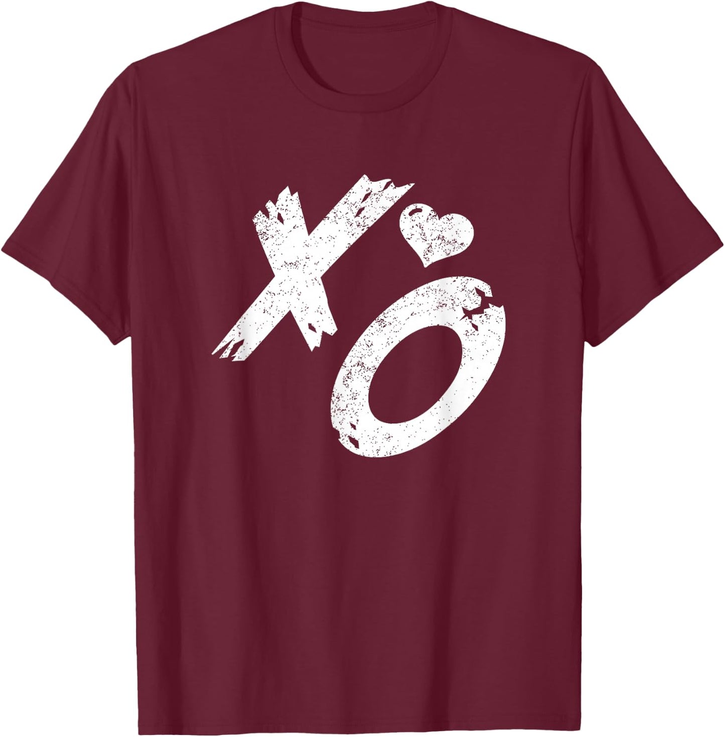 XO Hugs & Kisses with Distressed Heart Vintage Retro T-Shirt - T-Shirt | Maroon