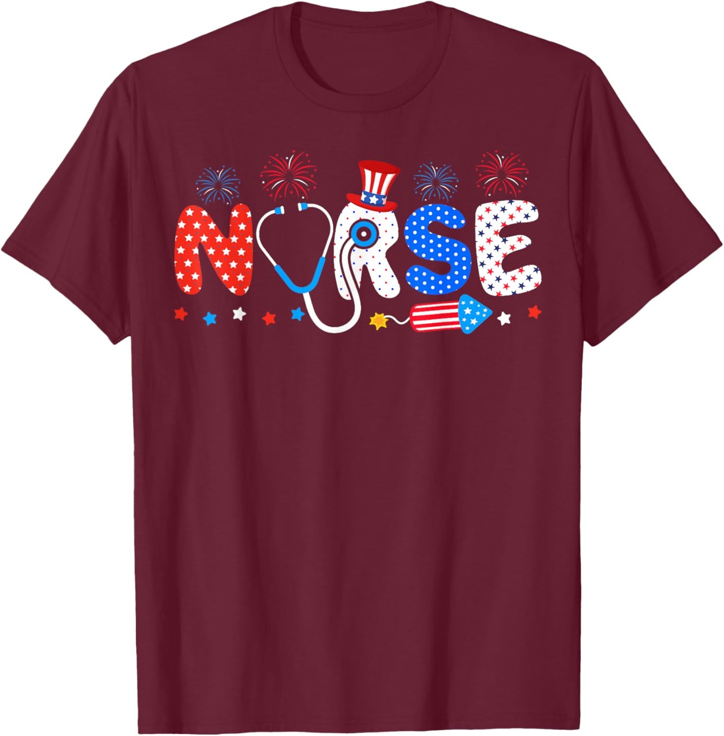 USA Flag 4th Of July Nursing Stethoscope Patriotic Nurse T-Shirt - T-Shirt | Maroon