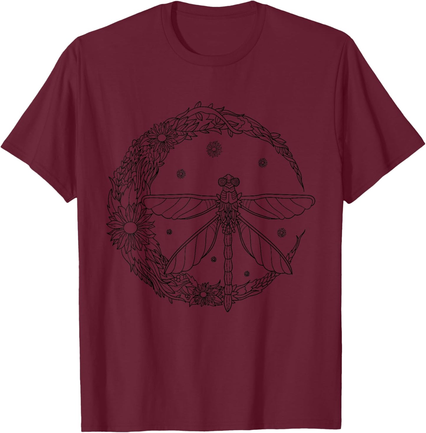Dragonfly Crescent Moon Peace Sign Vintage Hippie Floral T-Shirt - T-Shirt | Maroon