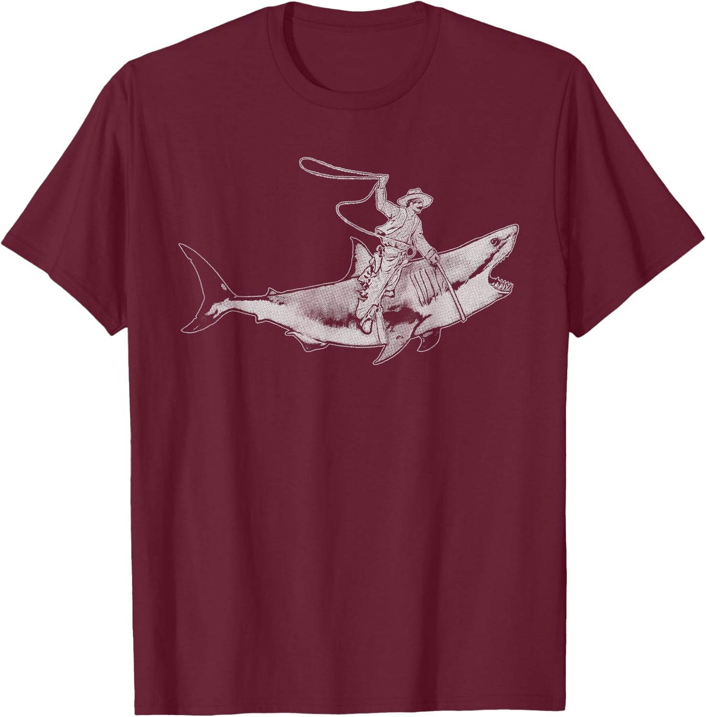 Shark Lover Rodeo Cowboy Riding Great White Vintage Funny T-Shirt - T-Shirt | Maroon