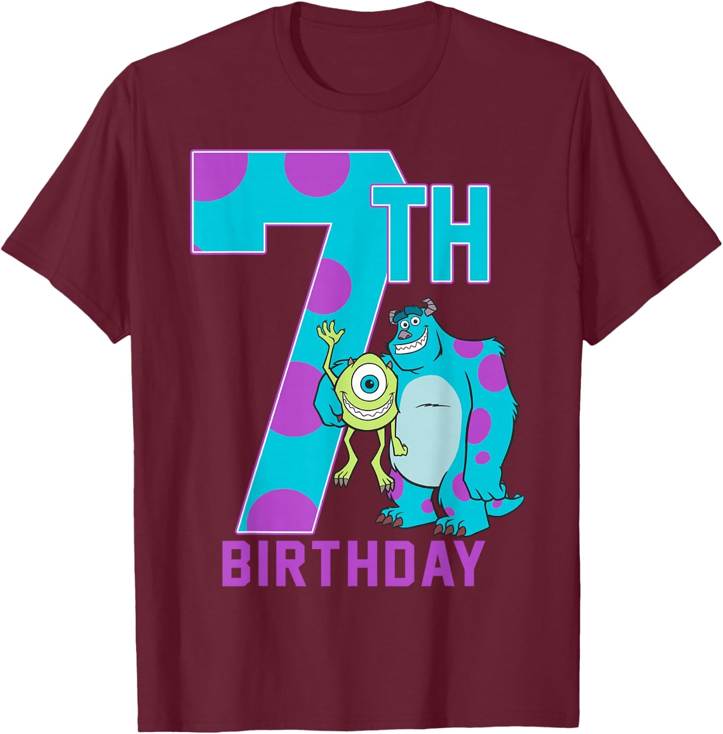 Disney Pixar Monsters Inc. Mike & Sully Happy 7th Birthday T-Shirt - T-Shirt | Maroon