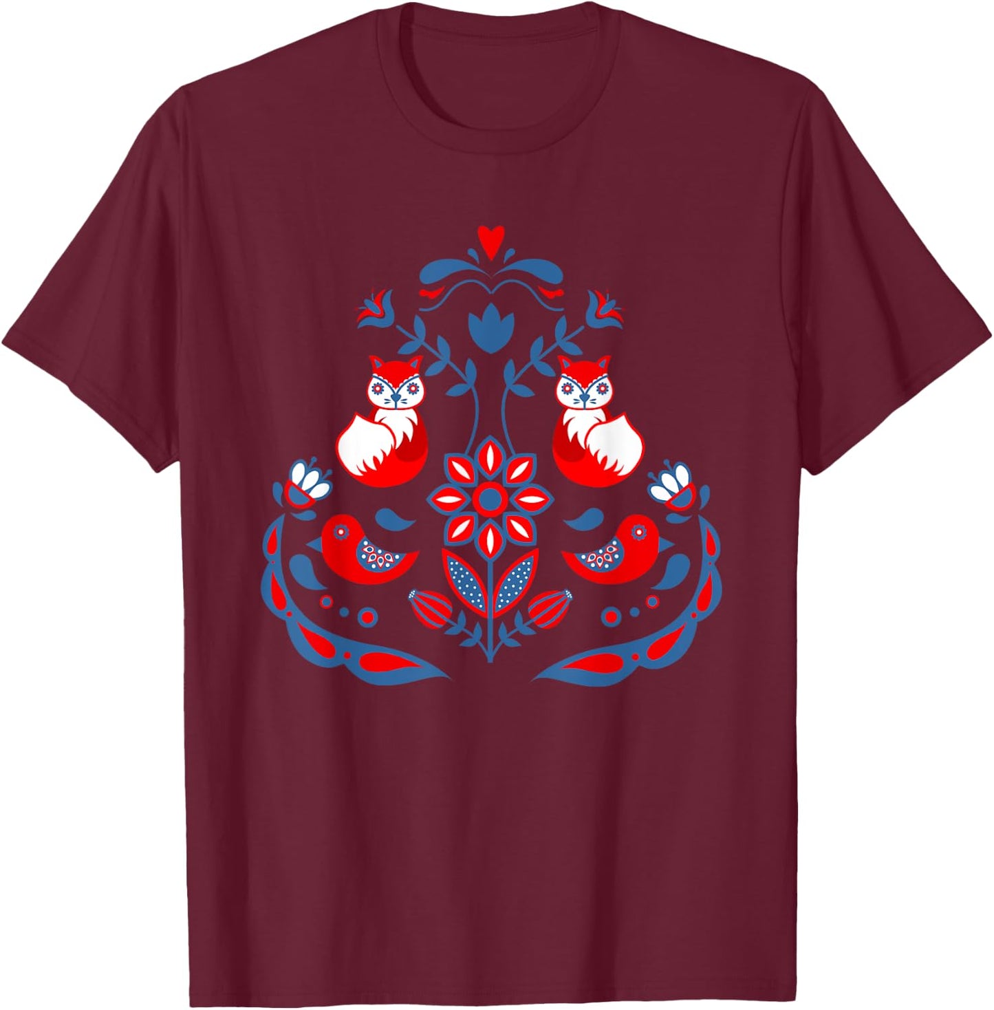 Scandinavian Folk Art Nature Flowers Birds and Foxes T-Shirt - T-Shirt | Maroon