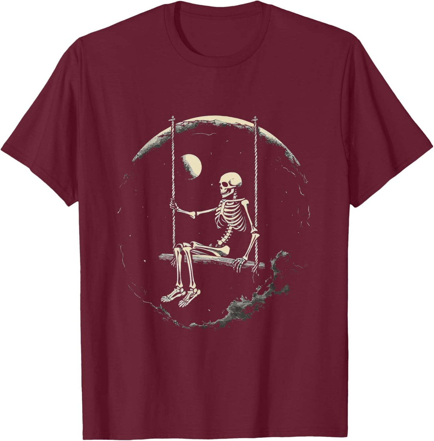 Skeleton Swinging on Moon T-Shirt - T-Shirt | Maroon